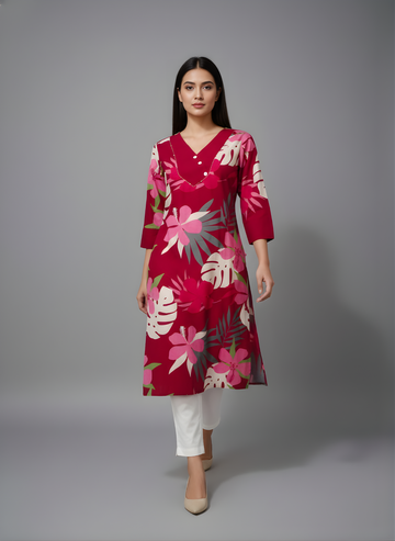 Neelufer Creation maroon floral kurti front view
