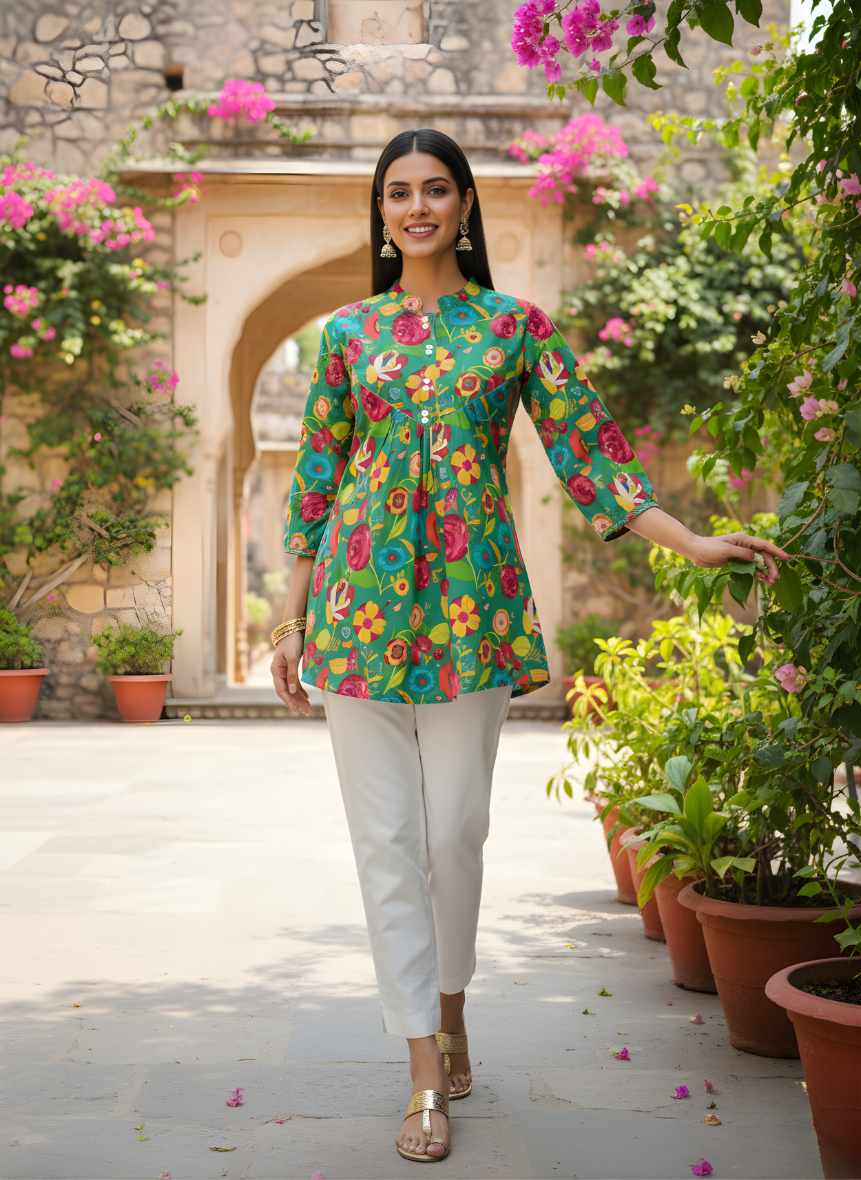 Neelufer Creation green floral Jaipuri cotton top