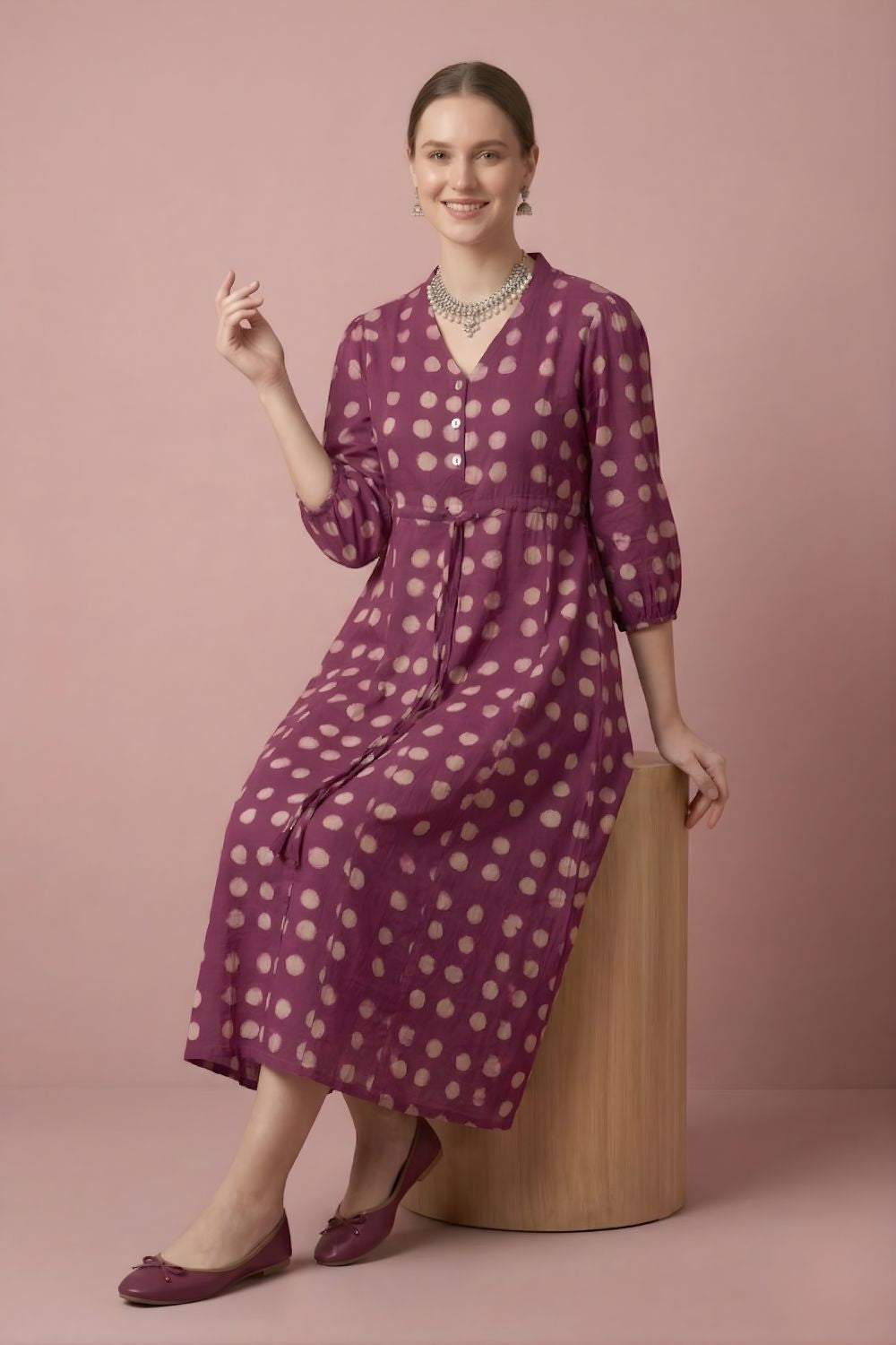 Magenta Polka Cotton Midi Dress Wholesale Manufacturer