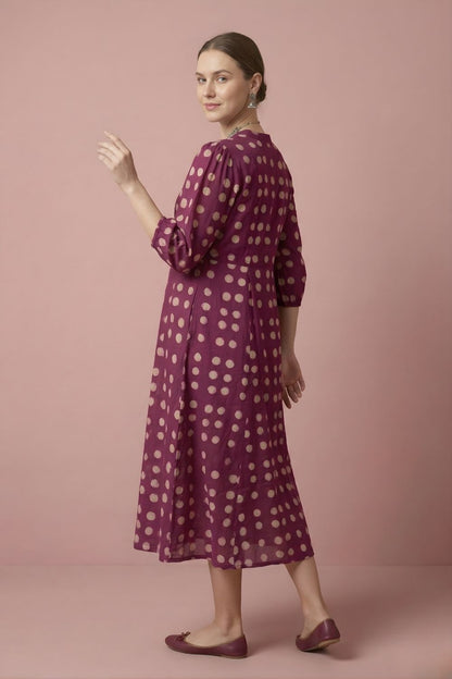 Magenta Polka Cotton Midi Dress Wholesale Manufacturer