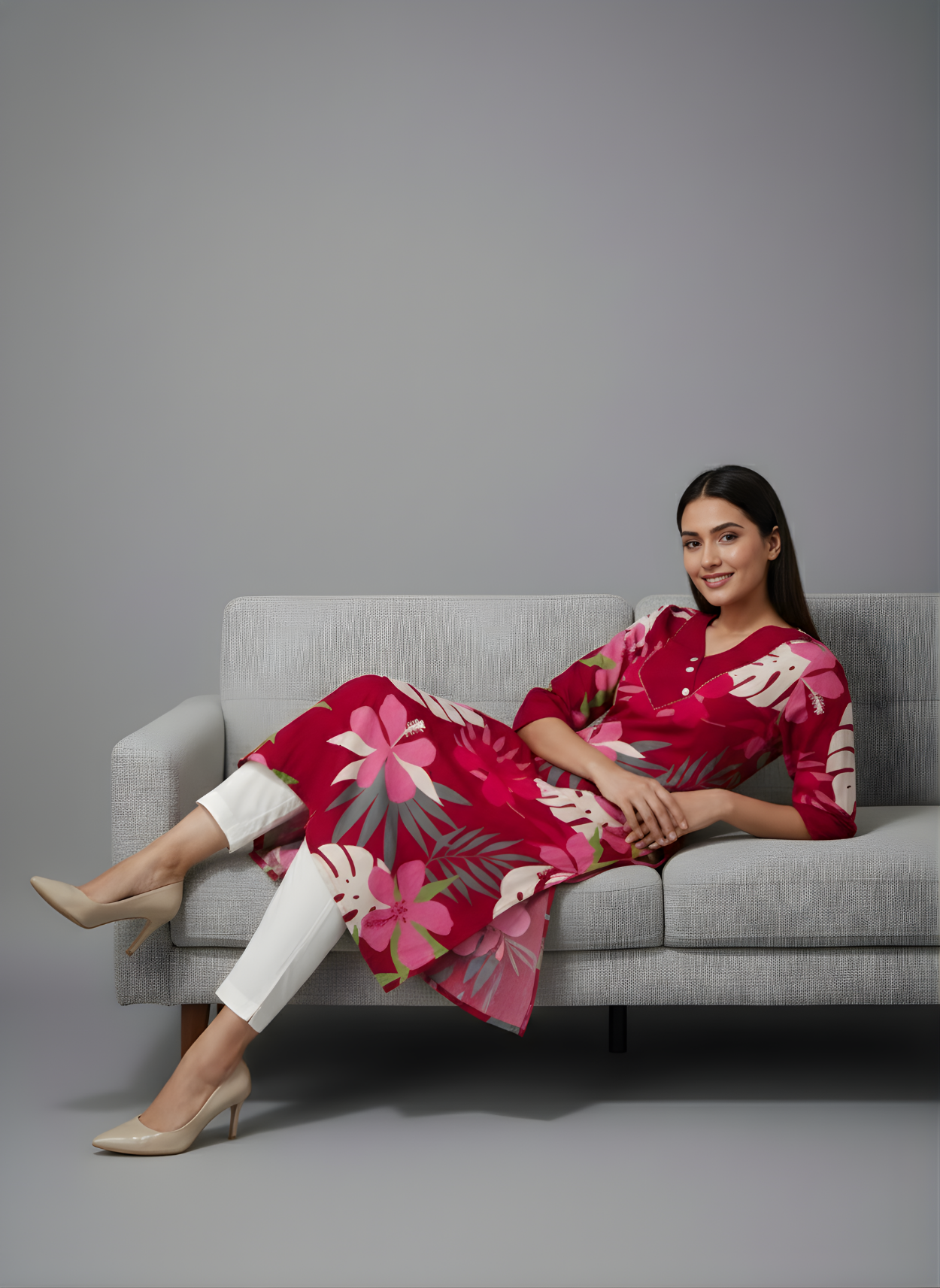 Neelufer Creation V-neck floral kurti design