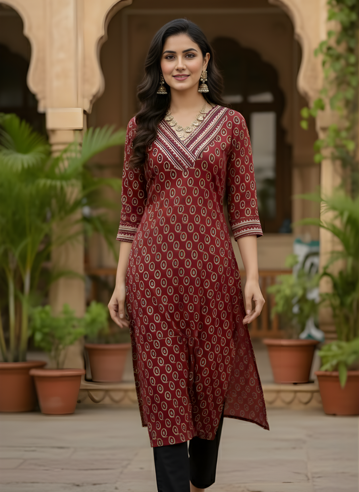Neelufer Creation maroon pure cotton kurti front view