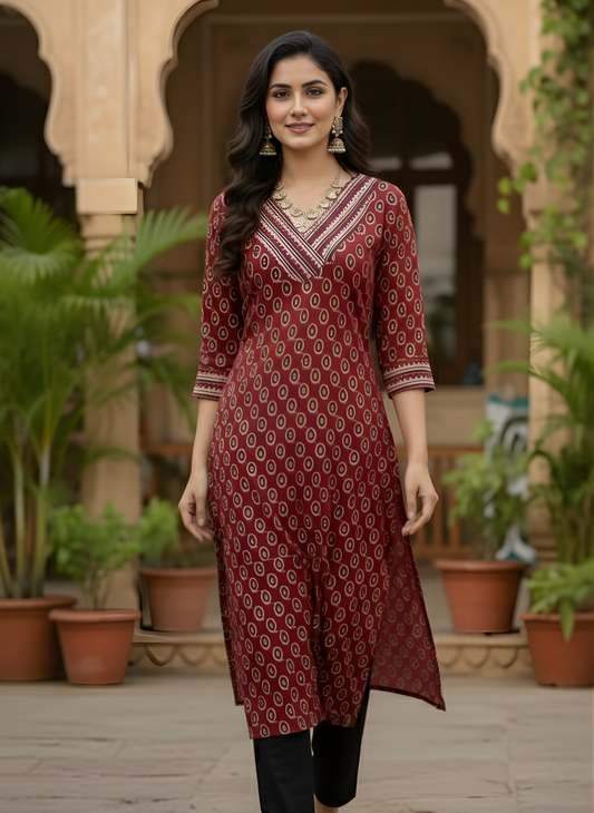 Neelufer Creation maroon pure cotton kurti front view