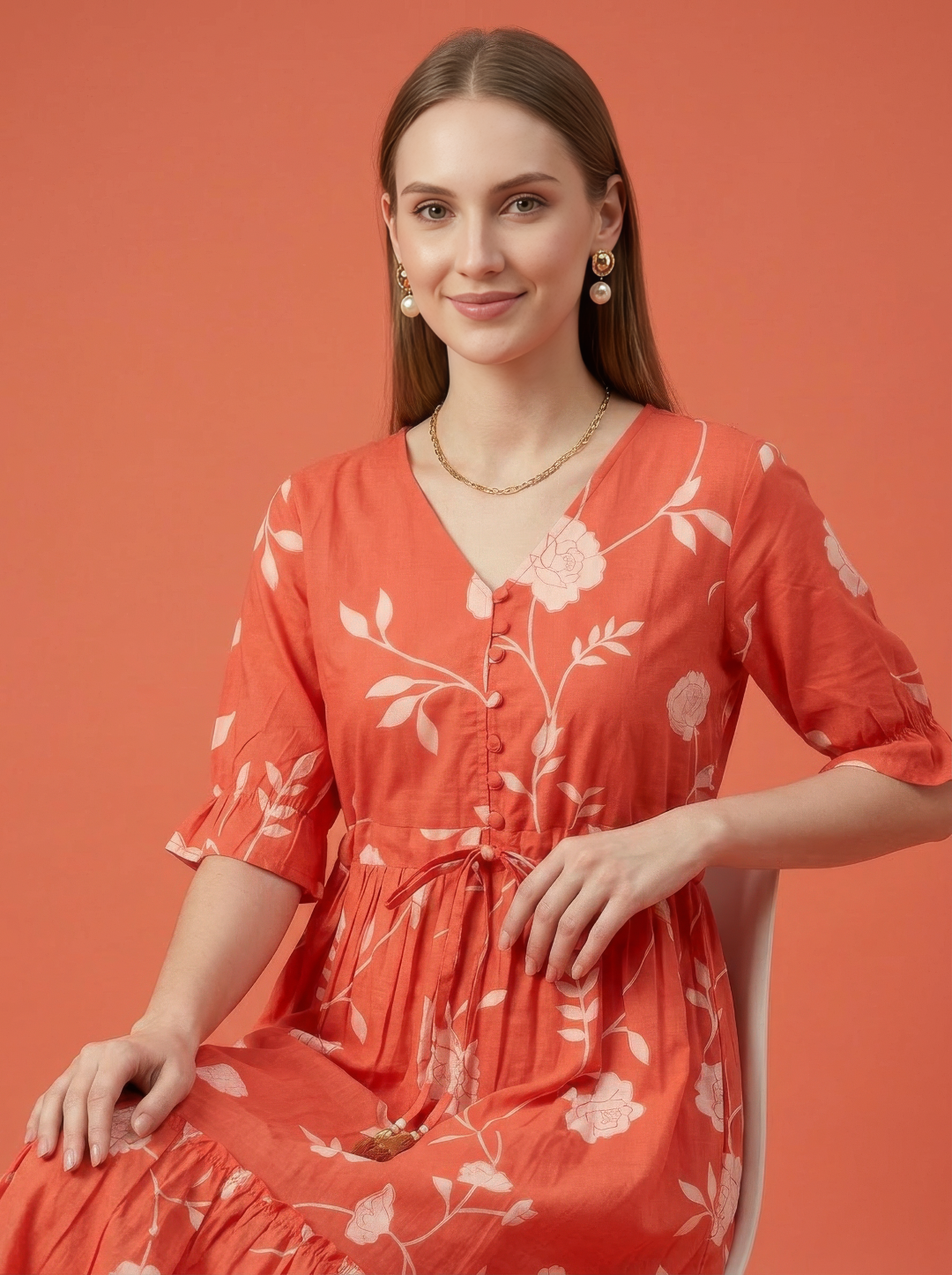 Orange Floral Cotton Middy Dress Wholesale Manufacturer India