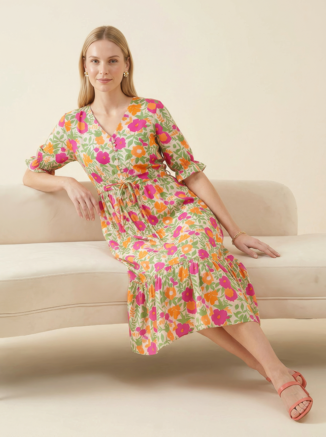 Multicolor Floral Cotton Middy Dress Wholesale Manufacturer India