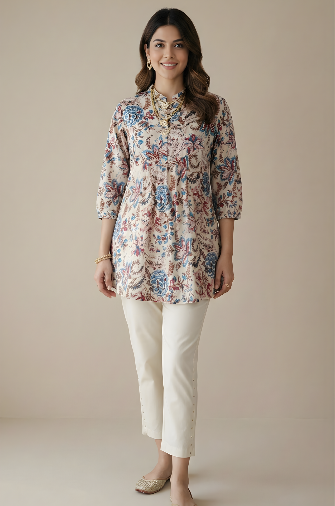 Neelufer Creation ivory floral cotton top