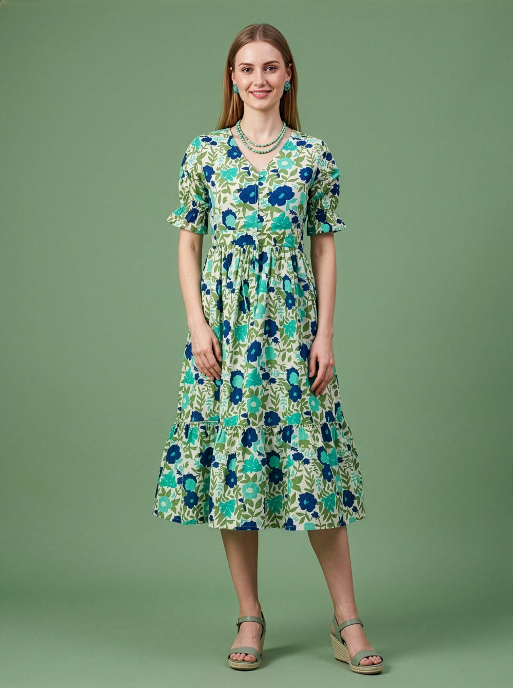Floral Cotton Midi Dress Wholesale Manufacturer Women Wear