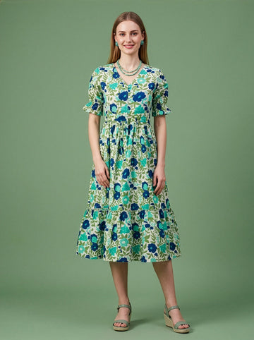 Floral Cotton Midi Dress Wholesale Manufacturer Women Wear
