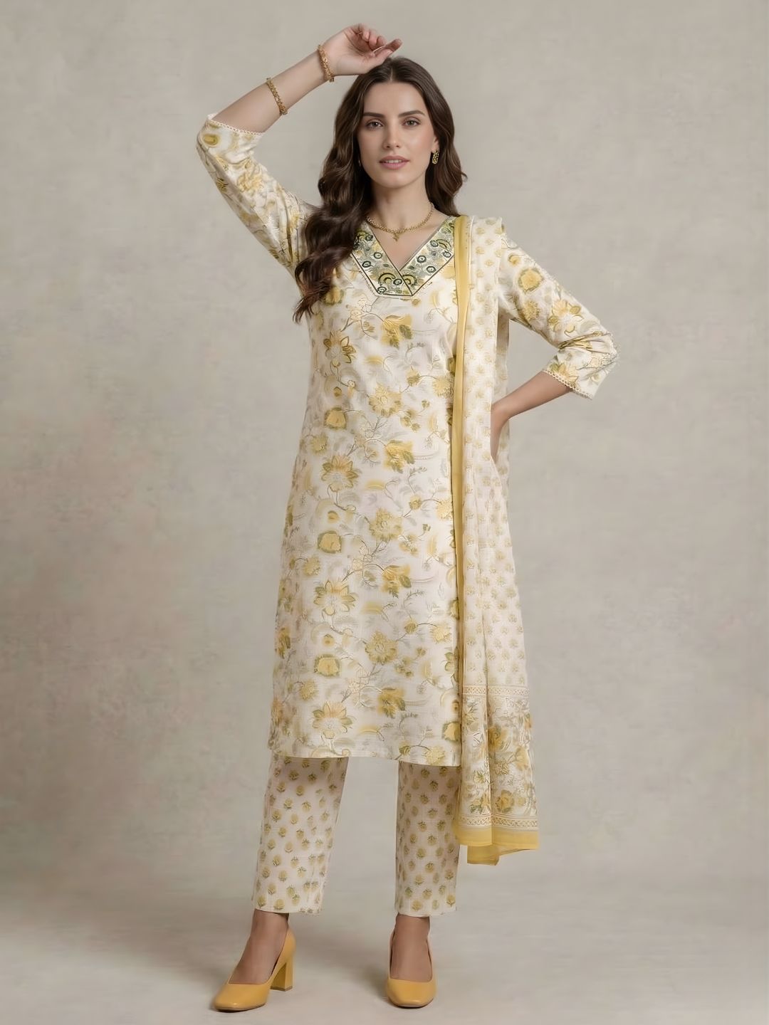 Cream Floral Pure Cotton Kurti Dupatta Set Wholesale Manufacturer India