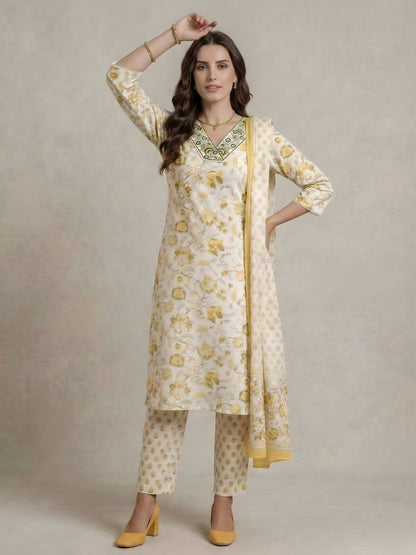 Cream Floral Pure Cotton Kurti Dupatta Set Wholesale Manufacturer India