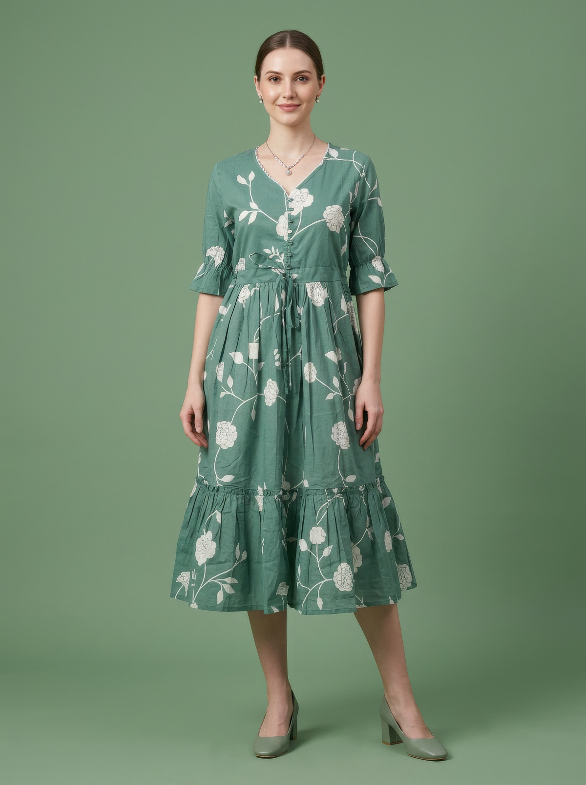 Green Floral Cotton Midi Dress Wholesale Manufacturer India