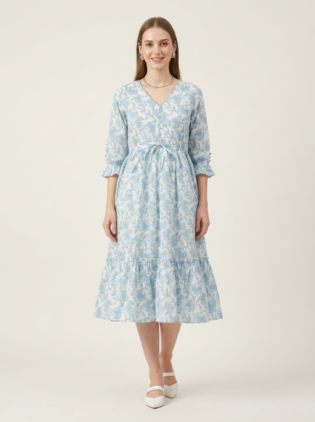 Blue Floral Cotton Middy Dress Wholesale Manufacturer India