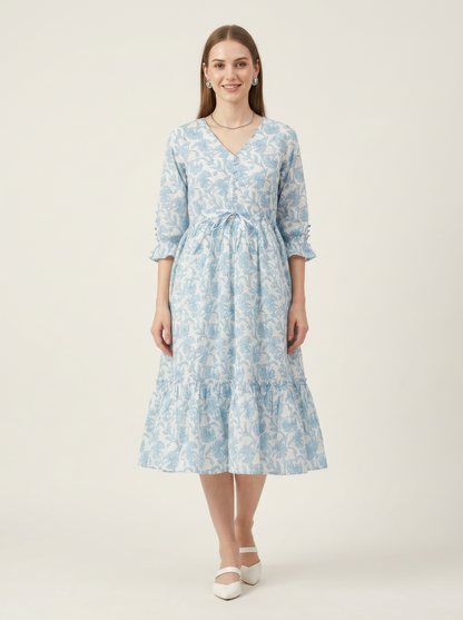 Blue Floral Cotton Middy Dress Wholesale Manufacturer India