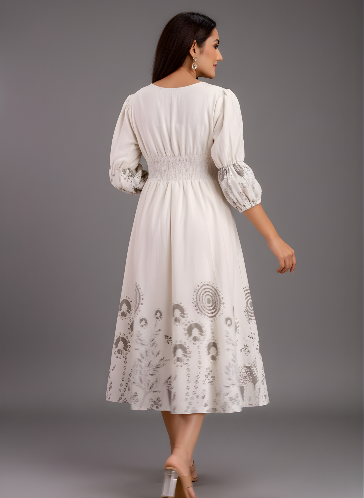 Hand-block style grey printed kurti dress