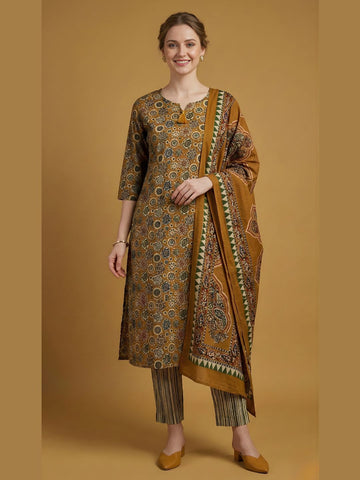 Mustard Printed Pure Cotton Kurti Dupatta Set Wholesale Manufacturer India