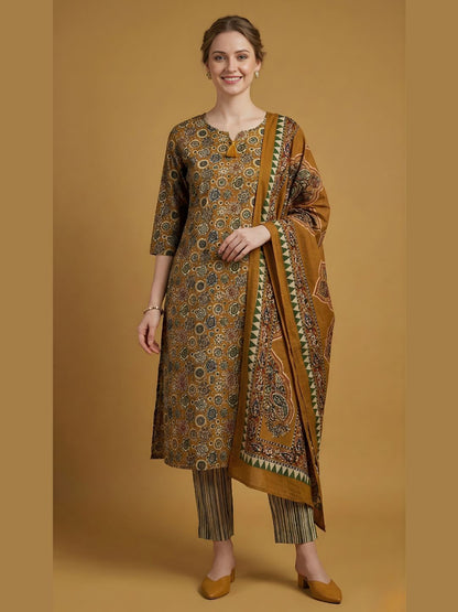 Mustard Printed Pure Cotton Kurti Dupatta Set Wholesale Manufacturer India