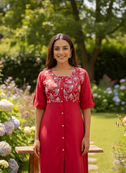Front view red embroidered cotton dress
