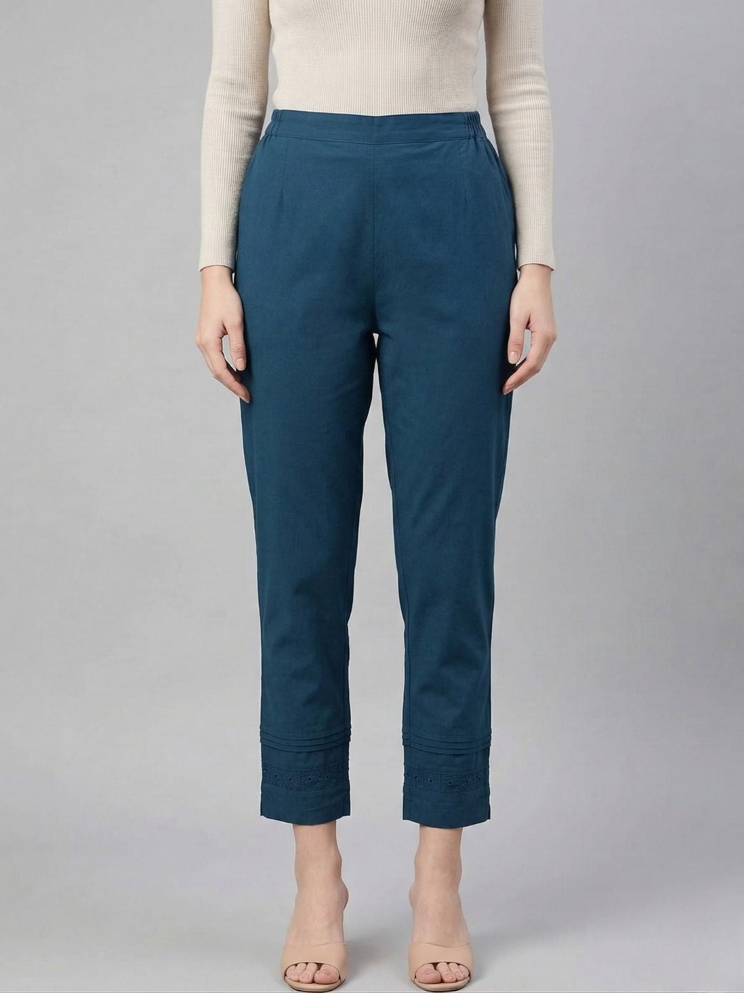 Teal Pure Cotton Pants With Lace Hem Wholesale Manufacturer India