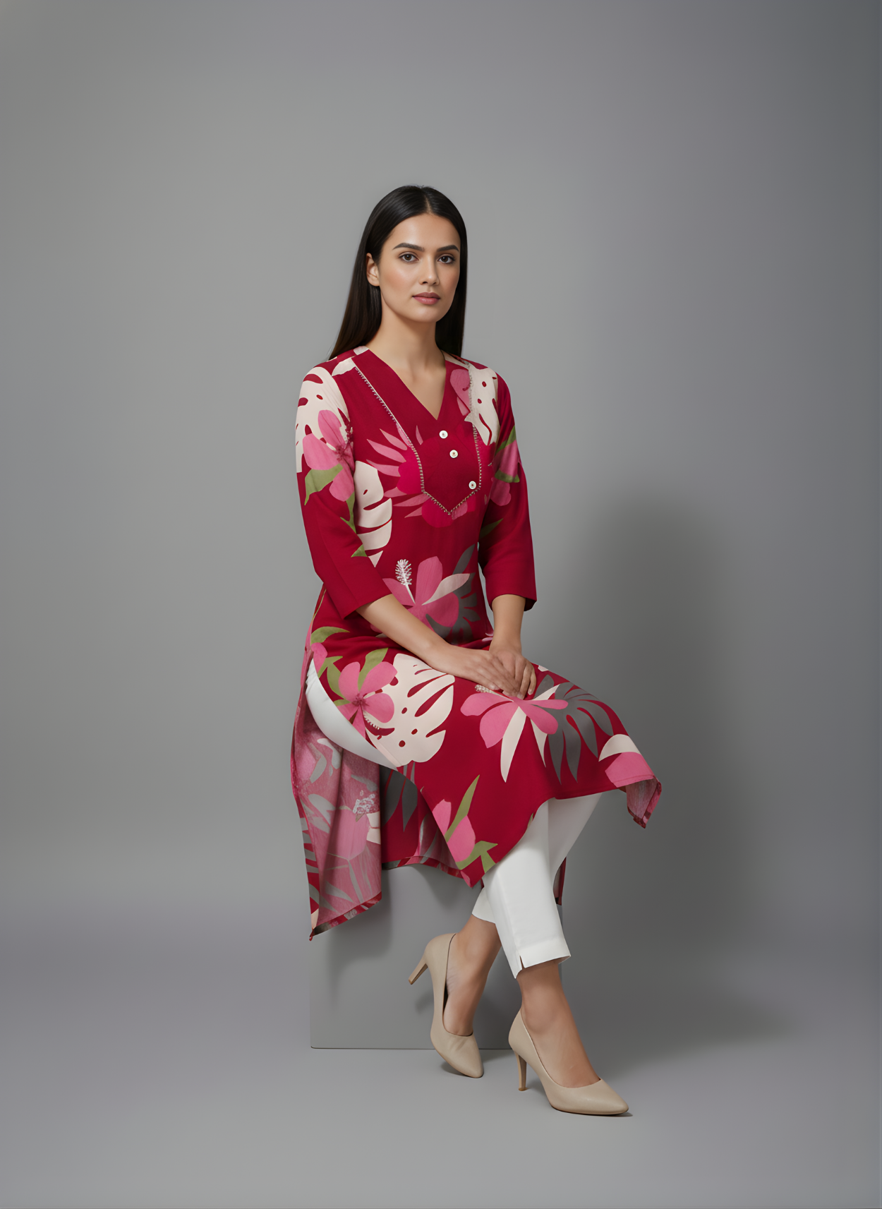 Daily Wear Red Floral Cotton Kurta Set