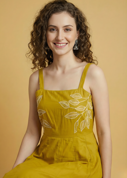 Designer mustard midi with yoke embroidery