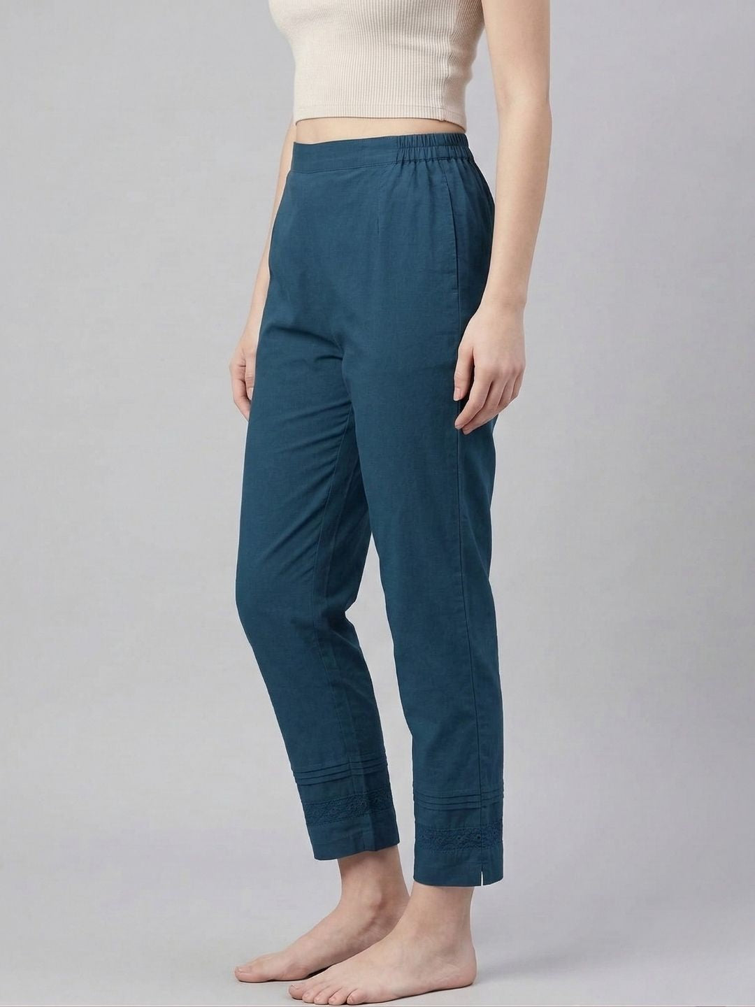 Teal Pure Cotton Pants With Lace Hem Wholesale Manufacturer India