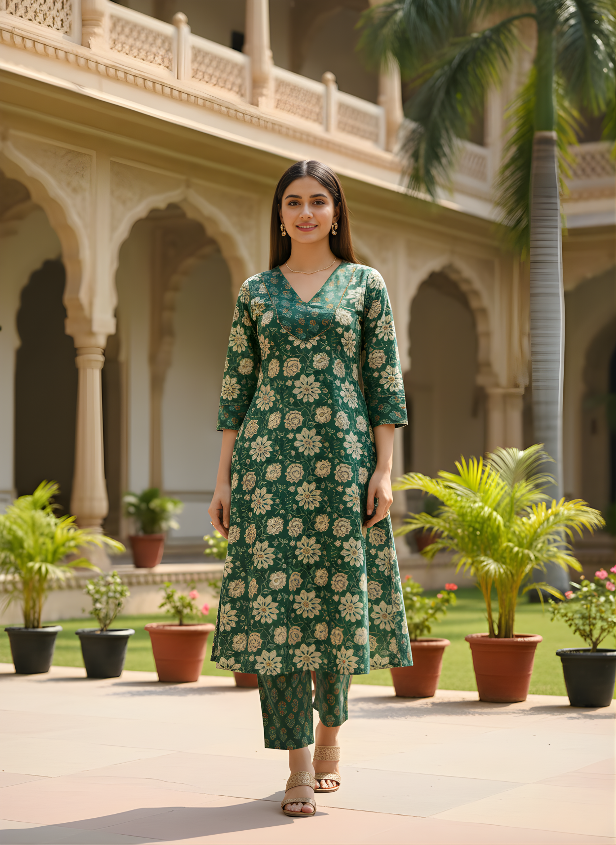 Emerald Green Pure Cotton Printed Kurta Set for Women | Manufacturer-Direct Wholesale Collection – Neelufer Creation