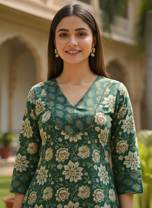 Emerald Green Pure Cotton Printed Kurta Set for Women | Manufacturer-Direct Wholesale Collection – Neelufer Creation