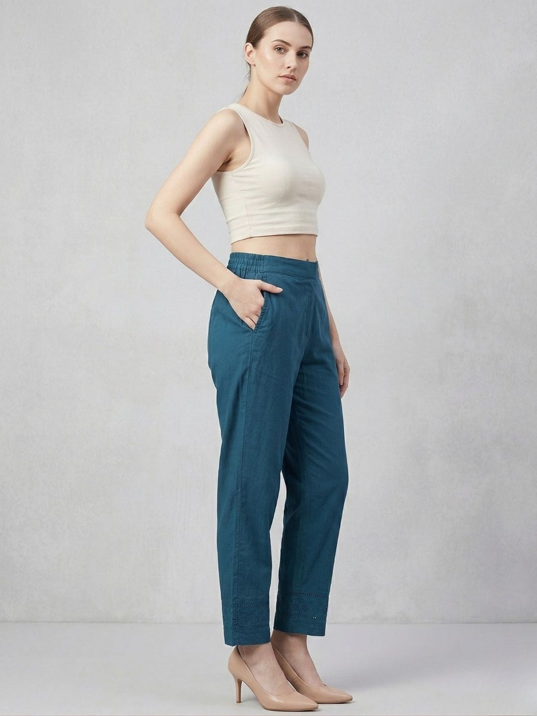 Teal Pure Cotton Pants With Lace Hem Wholesale Manufacturer India