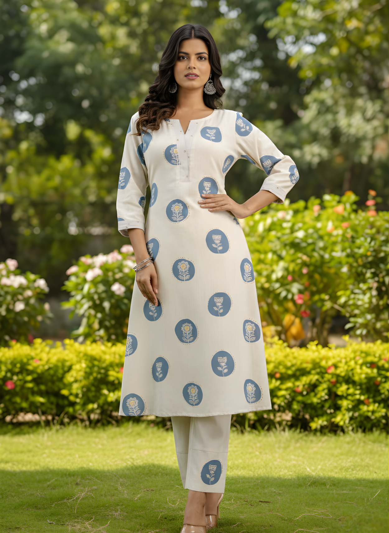 Woman wearing a white kurta with blue patterns standing in a garden.
