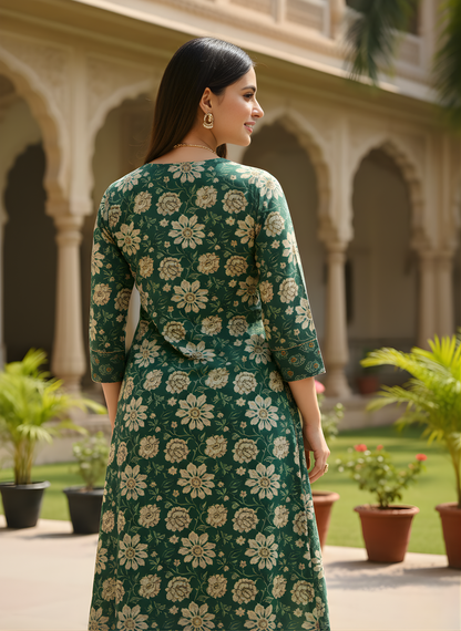 Emerald Green Pure Cotton Printed Kurta Set for Women | Manufacturer-Direct Wholesale Collection – Neelufer Creation