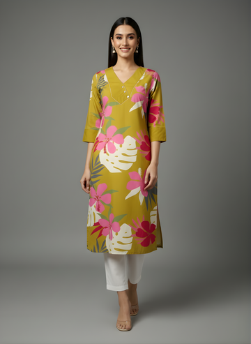 Neelufer Creation mustard yellow pure cotton kurti front view
