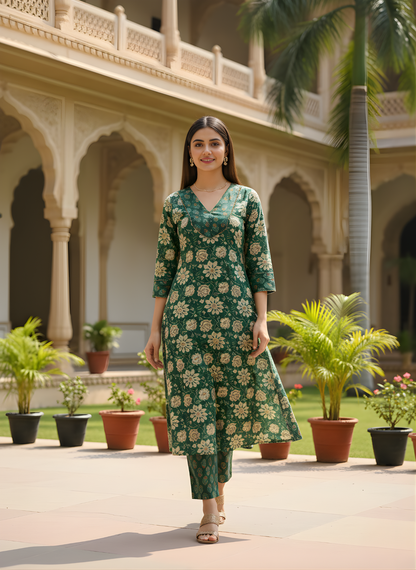 Emerald Green Pure Cotton Printed Kurta Set for Women | Manufacturer-Direct Wholesale Collection – Neelufer Creation