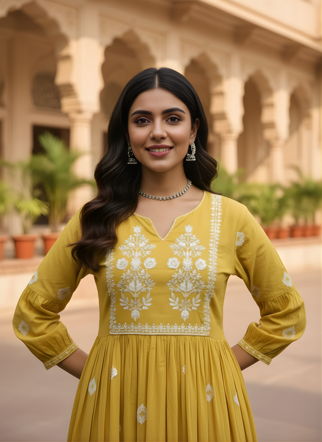 Woman in a yellow traditional outfit standing in front of an architectural background