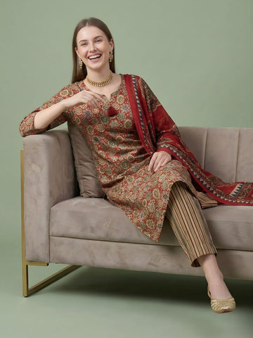 Rust Printed Pure Cotton Kurti Dupatta Set Wholesale Manufacturer India