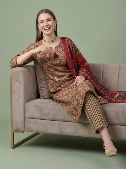 Rust Printed Pure Cotton Kurti Dupatta Set Wholesale Manufacturer India