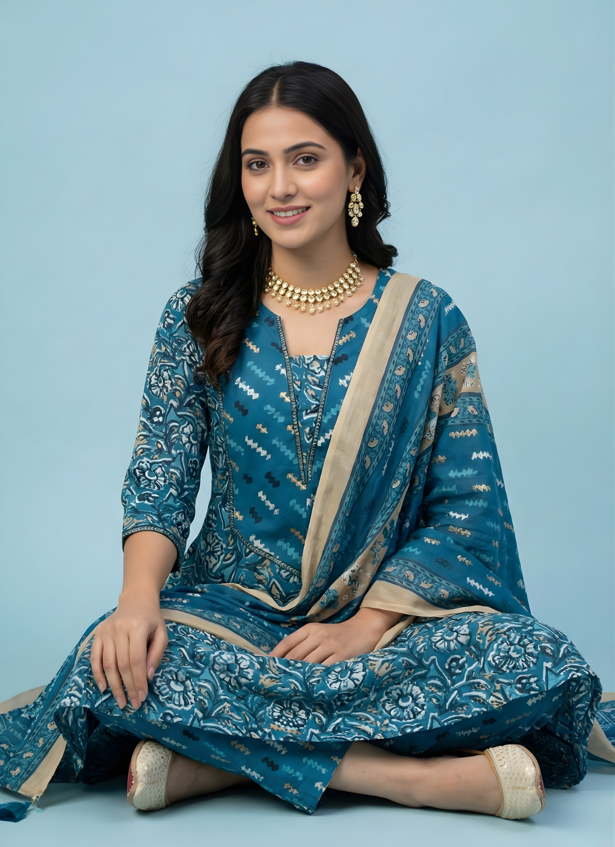 Woman wearing a blue traditional outfit with gold accents against a light blue background