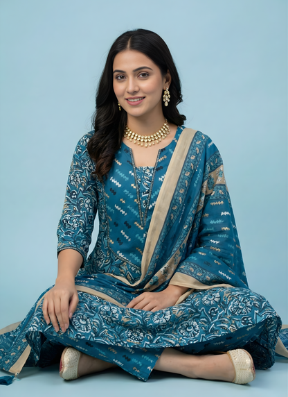 Woman wearing a blue traditional outfit with gold accents against a light blue background