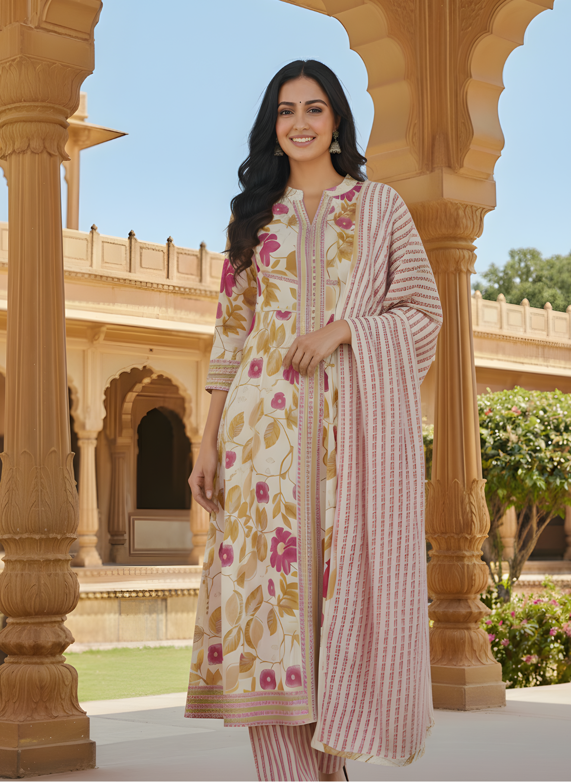 Wholesale women cotton kurta pant dupatta set floral