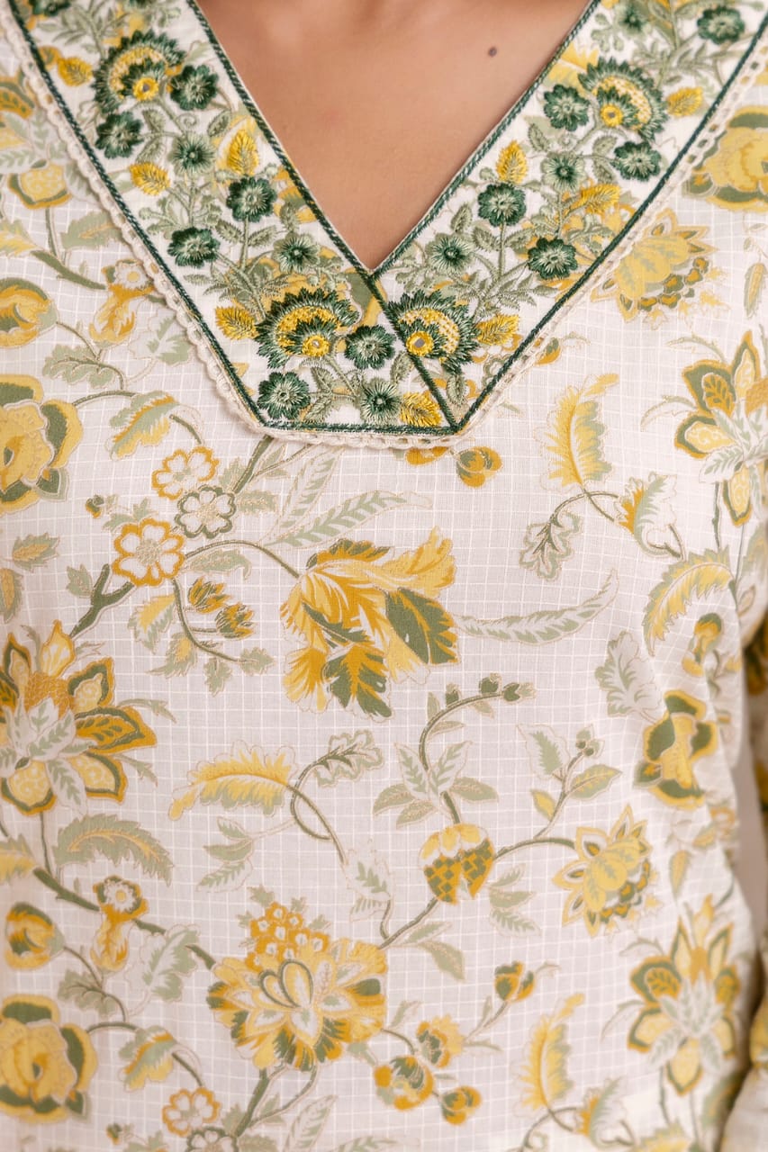 Cream Floral Pure Cotton Kurti Dupatta Set Wholesale Manufacturer India