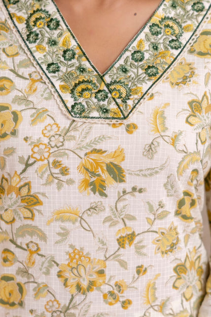 Cream Floral Pure Cotton Kurti Dupatta Set Wholesale Manufacturer India