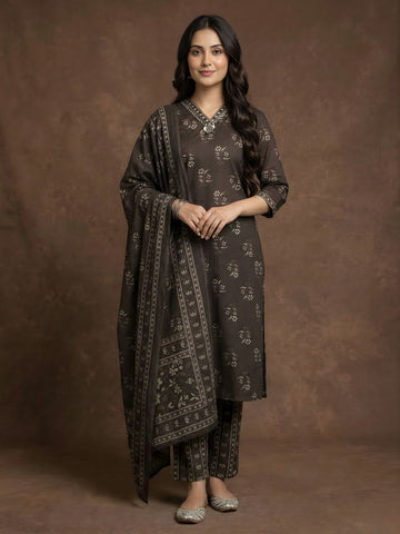women wear wholesale manufacturer India brown cotton kurti dupatta set