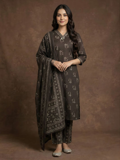 women wear wholesale manufacturer India brown cotton kurti dupatta set