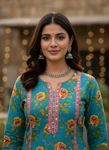 Aaronee turquoise floral pure cotton kurta set for women