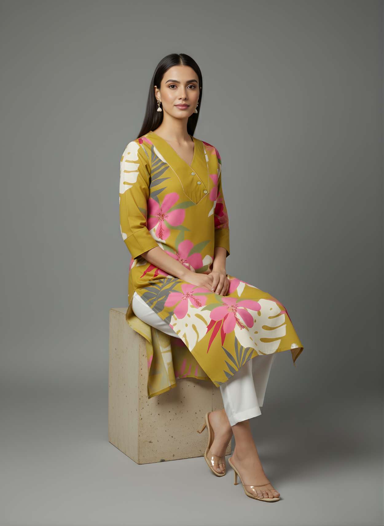 Neelufer Creation V-neck floral kurti design