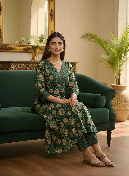 Emerald Green Pure Cotton Printed Kurta Set for Women | Manufacturer-Direct Wholesale Collection – Neelufer Creation