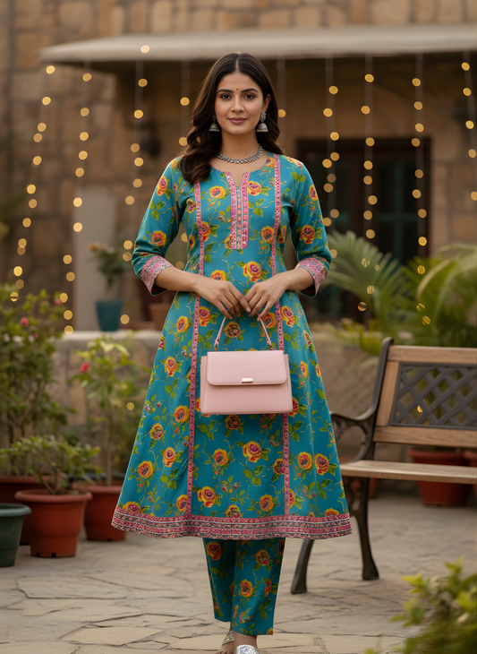 Aaronee cotton kurta with pant set in turquoise blue