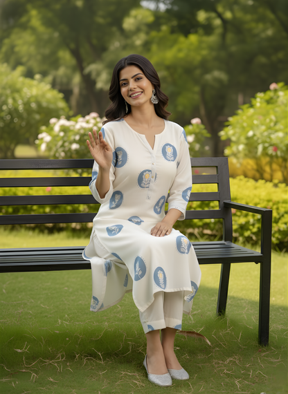 Wholesale women cotton kurta pant set white blue