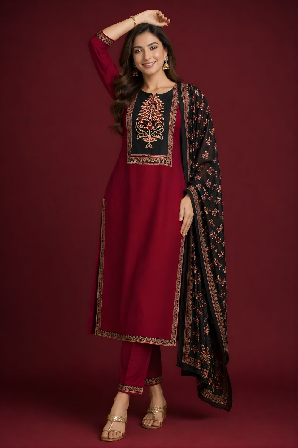 boutique wholesale kurti supplier maroon cotton suit set India