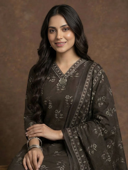 Brown Printed Pure Cotton Kurti Dupatta Set Wholesale Manufacturer India