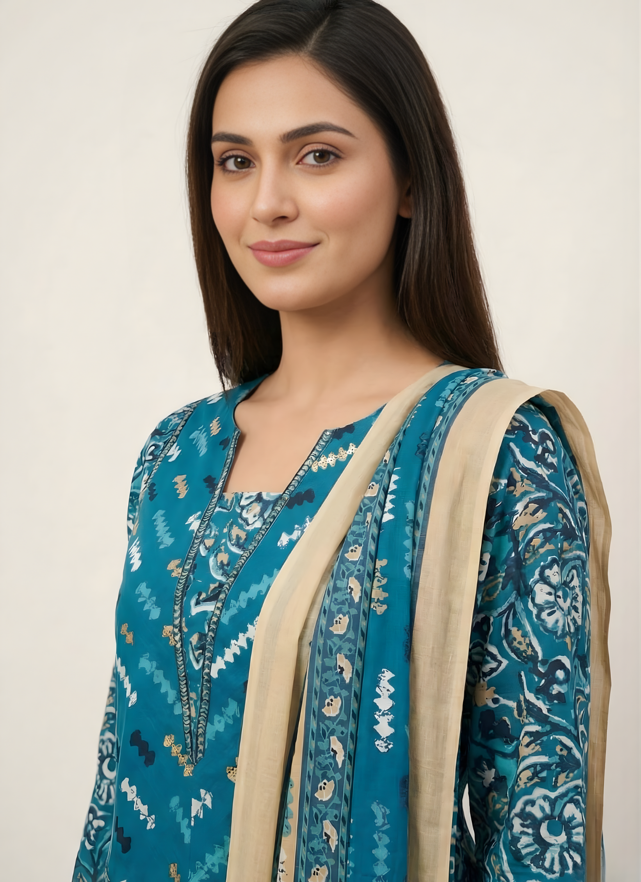 Woman wearing a blue and beige traditional outfit with a plain background